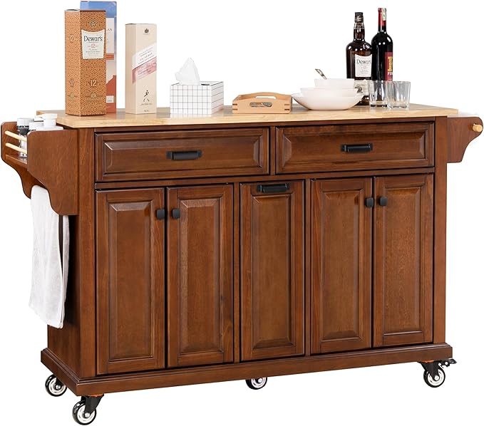 Rolling Solid Wood Kitchen Island with Rubberwood Top, 3 Drawers, 2 Cabinets, Adjustable Shelves, Spice Rack & Locking Wheels – Farmhouse Mahogany Painted Finish
