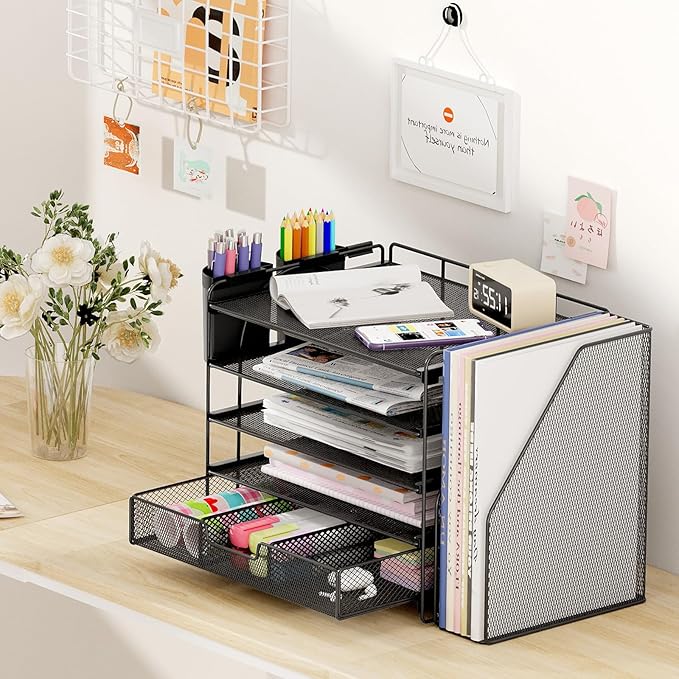 Desk Organizers and Accessories with File Holder, 5-Tier Office Desk Accessories & Workspace Desktop Organizer with Drawer and 2 Pen Holder, File Paper Organizer for Office Supplies(Black)