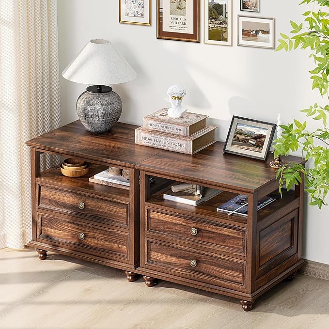 Farmhouse Nightstand Set of 2 with Charging Station, 24" Wide End Table with 2 Drawers,Brown Dresser for Bedroom,Bed Side Table Chest of Drawers Cabinet, Night Stand for Living Room