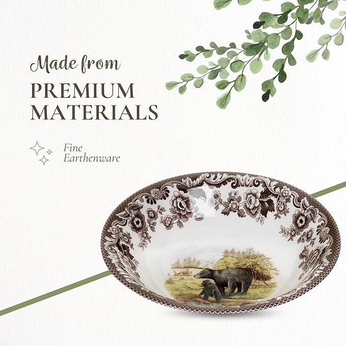 Spode Woodland 8" Black Bear Ascot Cereal Bowl - Fine Earthenware Rustic Dinnerware - Wildlife Collection, Dishwasher, Microwave, Freezer & Oven Safe - Holiday Tableware Made in England