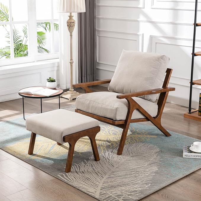 Wahson Set of 2 Mid Century Arm Chairs and Ottomans, Upholstered Accent Armchair with Wood Frame and Canvas Cushions, Leisure Slipper Chair for Living Room/Bedroom, Beige