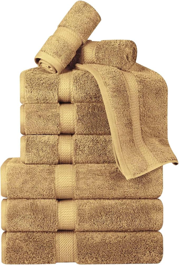 SUPERIOR Egyptian Cotton Pile 9 Piece Towel Set, Includes 3 Bath, 3 Hand, 3 Face Towels/Washcloths, Ultra Soft Luxury Towels, Thick Plush Essentials, Guest Bath, Spa, Hotel Bathroom, Toast