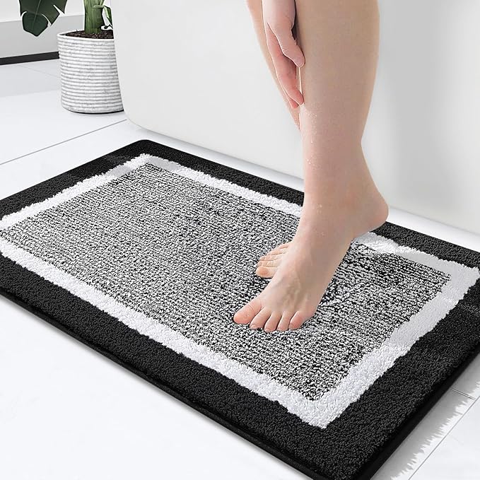 OLANLY Bathroom Rugs 24x16, Extra Soft and Absorbent Microfiber Bath Mat, Non-Slip, Machine Washable, Quick Dry Shaggy Bath Carpet, Suitable for Bathroom Floor, Tub, Shower (Black and White)