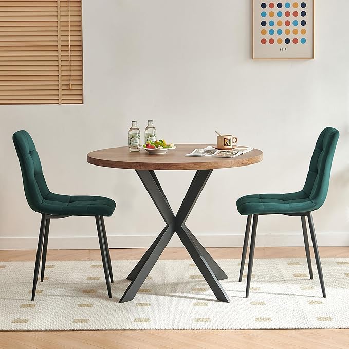 3 Piece Dining Table Set for Small Spaces - Round Kitchen Table Chairs Set of 2 with Green Velvet Upholstered Chairs -Space Saving Dinette for Kitchen, Dining Room