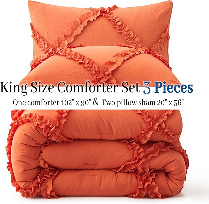 Bonlino King Comforter Set Soft Bedding - 3 Pcs Tufted Decor Fluffy Comforter Boho Bed in a Bag with Cute Lightweight Pillowcase for Dorm Farmhouse Bedroom Luxury Gift(Orange)