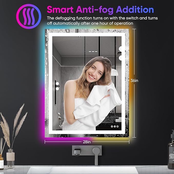 Antok 28"x 36" LED Bathroom Mirror with Lights, Anti-Fog, Dimmable, Lighted Vanity Mirror with Tempered Glass, Memory Function, 11 Light Modes, Safe Use, Horizontal, Vertical