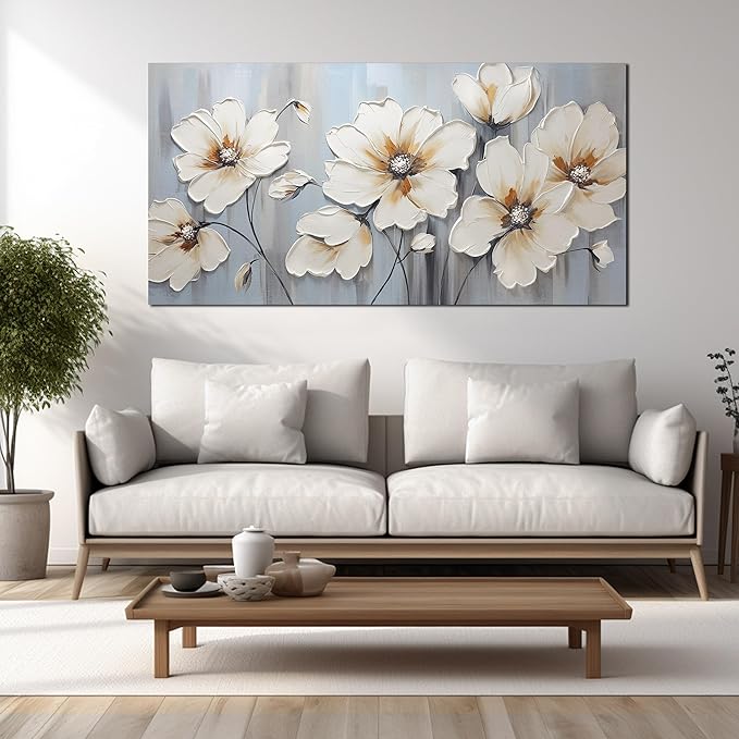 Large Canvas Wall Art Modern Wall Decor White Flower Theme Picture Wall Art with Frame Canvas Decorative Artwork Living Room Bedroom Home Office Hangable Decorative Painting Size 30x60