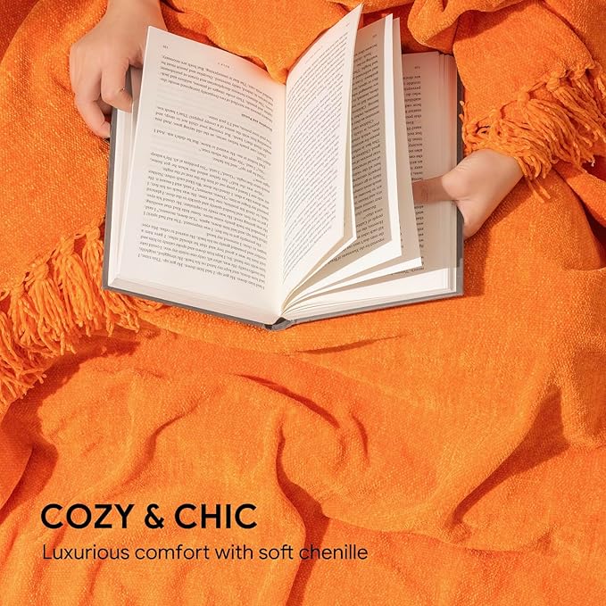 RECYCO Throw Blanket Soft Cozy Chenille Throw Blanket with Fringe Tassel for Couch Sofa Chair Bed Living Room (Orange, 50'' x 60'')