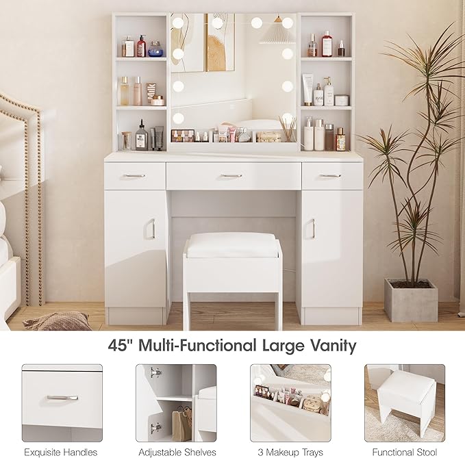 Makeup Vanity Desk with Lights, White Vanity Set Makeup Table with 3 Drawers, 2 Cabinets and Multiple Shelves, Large Vanity 45inch