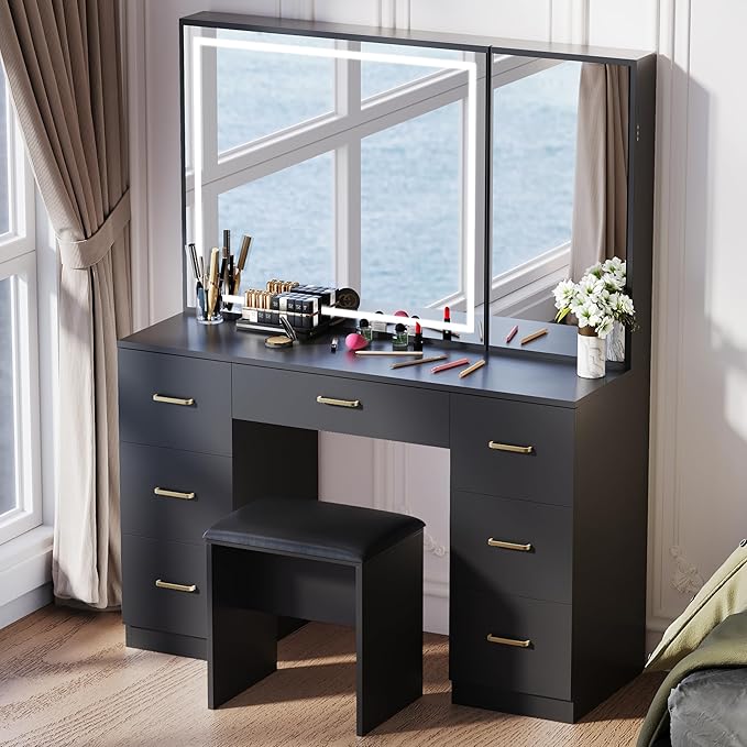 Vanity Desk with Large Mirror and Lights, Black Makeup Vanity with 7 Drawers, Adjustable Brightness Vanity Table with Glass Door Cabinet, Modern Vanity Set with Stool for Bedroom