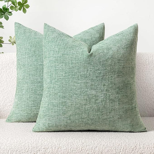 MIULEE Pack of 2 Couch Throw Pillow Covers 20x20 Inch Soft Greyish Green Chenille Pillow Covers for Sofa Living Room Solid Dyed Pillow Cases