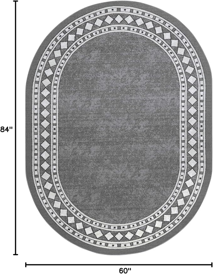 Antep Rugs Alfombras Modern Bordered 5x7 Non-Skid (Non-Slip) Low Profile Pile Rubber Backing Indoor Area Rugs (Gray, 5' x 7' Oval)