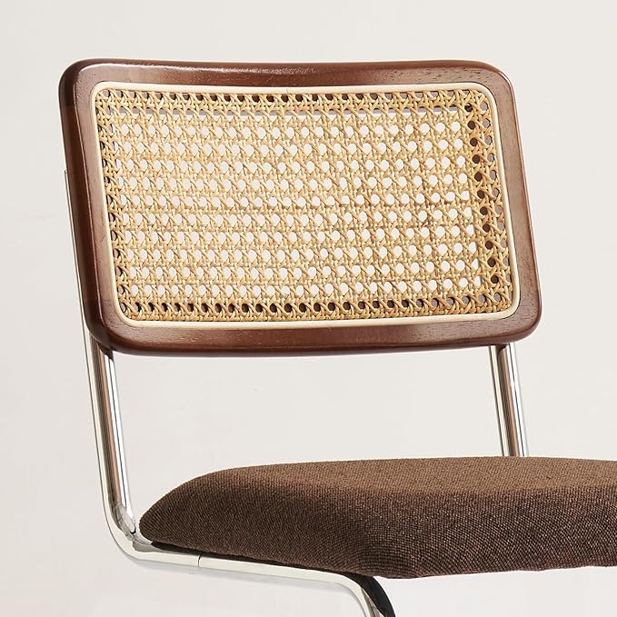 Natural Rattan Counter Height Stools Set of 2 with Solid Wood Back, 29 Inch Mid Century Modern Cesca Bar Stools, Brown Upholstery Boho Stool for Kitchen Counter with Chrome Metal Legs