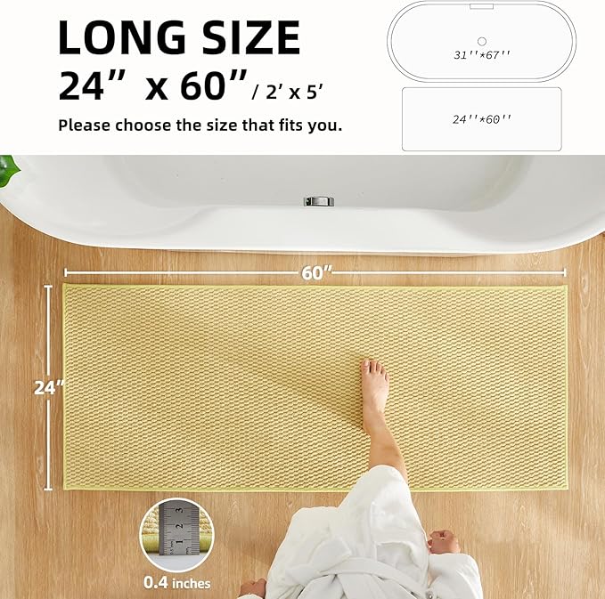 Bathroom Runner Rug, Long Bath Mat Washable Thin Quick Dry Low Pile Bathroom Runner Rugs 24 x 60 Non Slip, Yellow 24"x60"