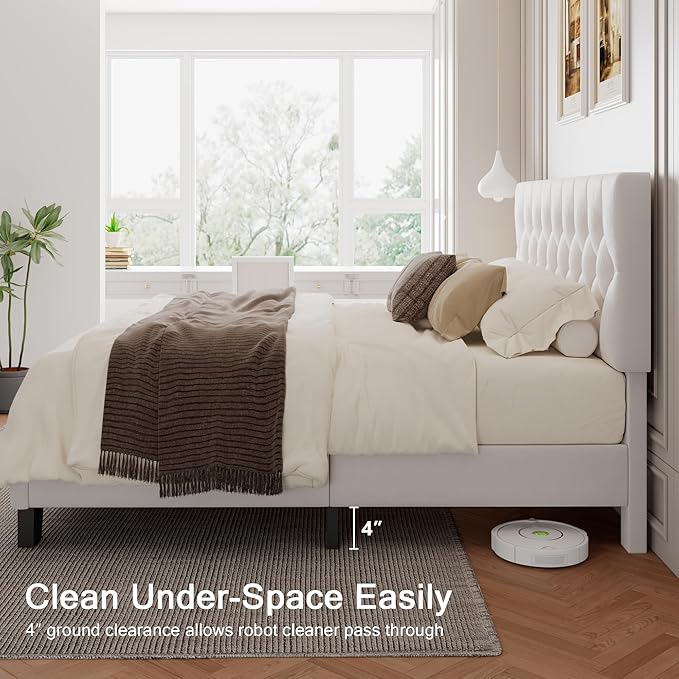 Queen Upholstered Bed Frame with Headboard, Button Tufted Linen Bed Base, Platform Bed with Wood Slat, Heavy Duty, Easy Assembly, No Box Spring Needed, White