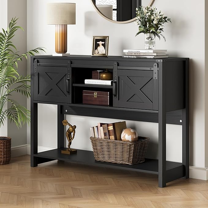 RoyalCraft Farmhouse Console Table with Storage Shelf & Sliding Barn Door, Entryway Table with Storage, 46" Narrow Long Sofa Table, Console Tables for Living Room, Entryway, Foyer