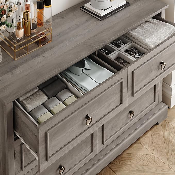 HOSTACK 6 Drawer Dresser for Bedroom, Modern Farmhouse Chest of Drawers, 47.2" Wide Wood Double Dresser, Rustic Brown Storage Cabinet for Living Room, Entryway, Hallway, Ash Grey