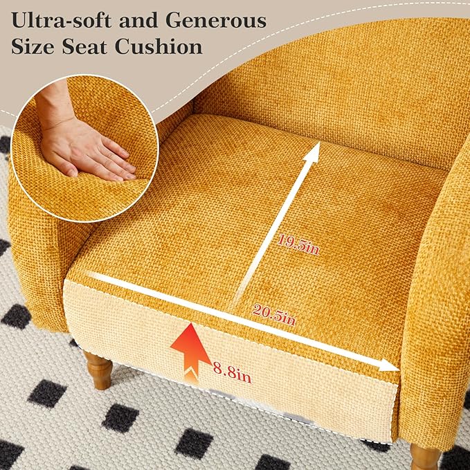 Accent Armchair Set of 2, Mid-Century Modern Living Room Chairs with Gourd-Like Shape Wooden Legs, Chenille Upholstered Single Sofa Reading Chair for Living Room Bedroom Guest Room,Yellow