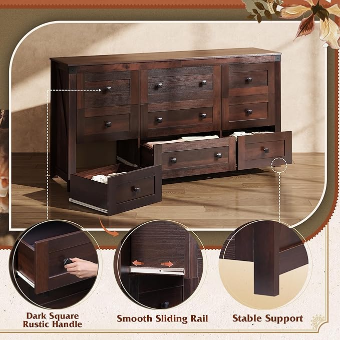 WLIVE Farmhouse Dresser for Bedroom, 63" Wide 9 Drawer Dresser Storage Organizer, Wood Chest of Drawers for Bedroom, TV Stand for 70 inch TV for Living Room, Hallway, Ball Bearing Slide (Brown)