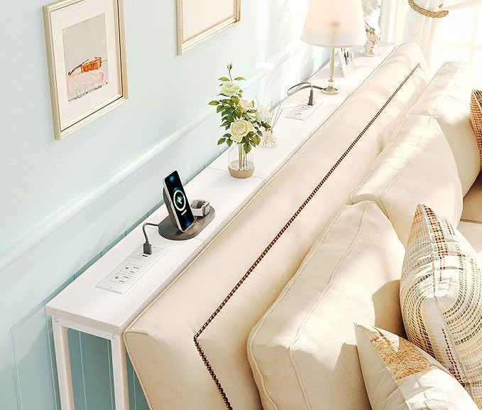 SUPERJARE 5.9 Inch Narrow Console Table with Outlet, Sofa Table Set of 2, Total Length 78.8'', Behind Couch Table, Long Entryway Tables with Charging Station, for Living Room, White