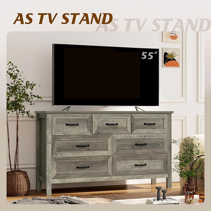 Farmhouse 7-Drawer Dresser for Bedroom, 52" Wide Wood Chest of Drawers with Large Metal Handles, Grey Dressers Storage Organizer for Bedroom, Living Room & Hallway