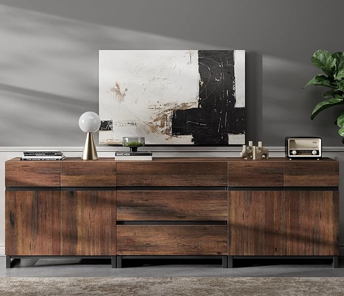 WAMPAT Modern TV Stand for TVs up to 100 inch, 3 in 1 TV Console with Adjustable Shelves and 3 Drawers, Media Console for Living Room, Bedroom, Brown