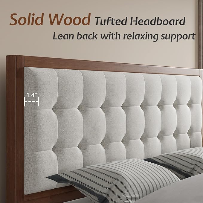 Jocisland Wood Queen Size Bed Frame,Tall Upholstered Tufted Headboard, Solid Wood Platform, No Box Spring Needed, Walnut