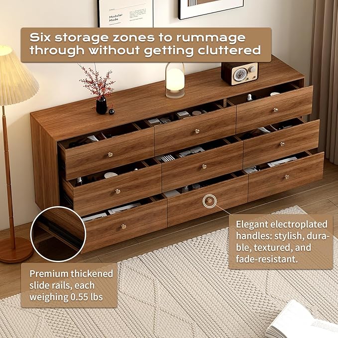 Mid Century Modern 9-Drawer Dresser, 63 Inch Wide Solid Wood Frame Chest, Walnut Finish, Beveled Design, Heavy-Duty Drawer Glides, Storage Cabinet for Bedroom, Living Room, TV Stand