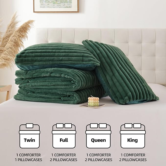 Smoofy Fluffy Queen Comforter Set 3 Pieces - Dark Green Fleece Fluffy Comforter Queen Set, Luxury Fuzzy Queen Bed Set, Soft &Warm Bed Comforter All Season, Heavy Queen Bedding with 2 Pillow Case