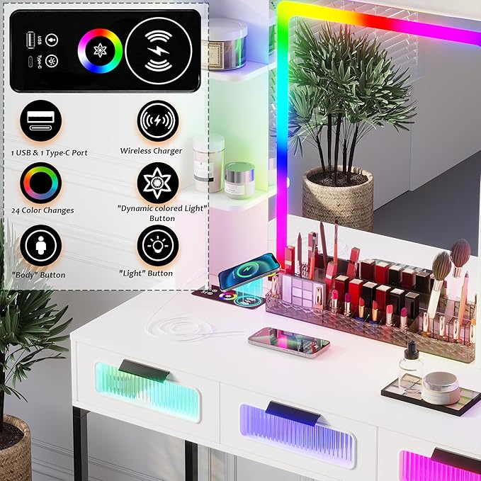 HNEBC White LED Vanity, Makeup Vanity with RGB Lights and 6 Drawers for Bedroom, Makeup Desk with USB/Wireless Charging, Dressing Table with Shelves/Cabins/Stool, Vanity Table Set as Gifts for Girls