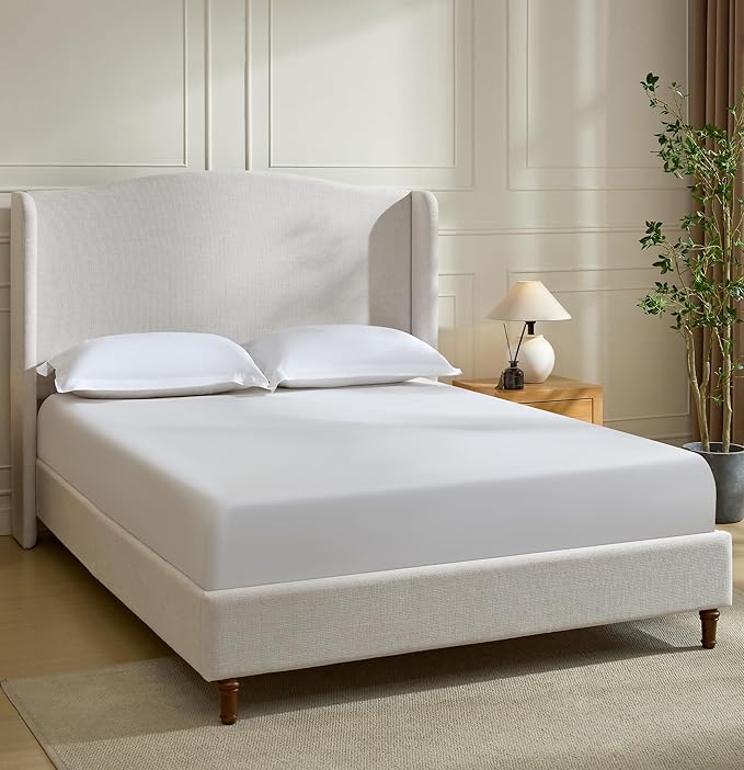 Queen Wingback Bed Frame, 54" Tall Headboard, Chenille Upholstery, Heavy Duty Support, Solid Wood Feet, Easy Assembly (Ivory White Chenille Camelback,Queen)