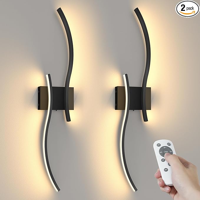 NIORSUN 27.6 Inch Battery Operated Wall Sconce Set of 2, Black Modern Rechargeable Wall Lights with Remote, 3CCT Dimmable Wireless Wall Lamp for Living Room Bedroom Hallway