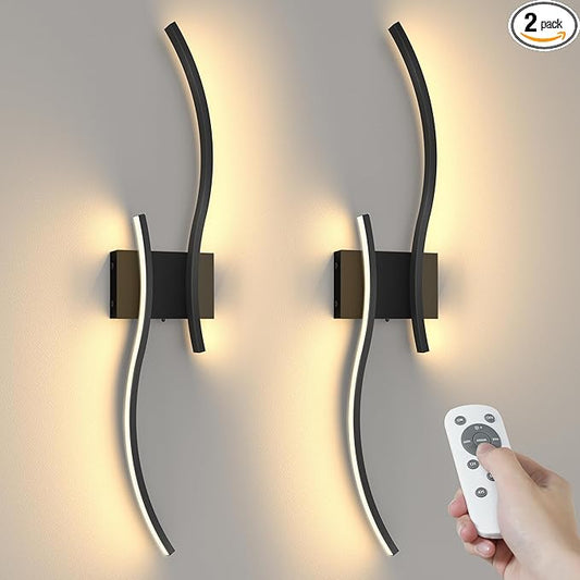 NIORSUN 27.6 Inch Battery Operated Wall Sconce Set of 2, Black Modern Rechargeable Wall Lights with Remote, 3CCT Dimmable Wireless Wall Lamp for Living Room Bedroom Hallway
