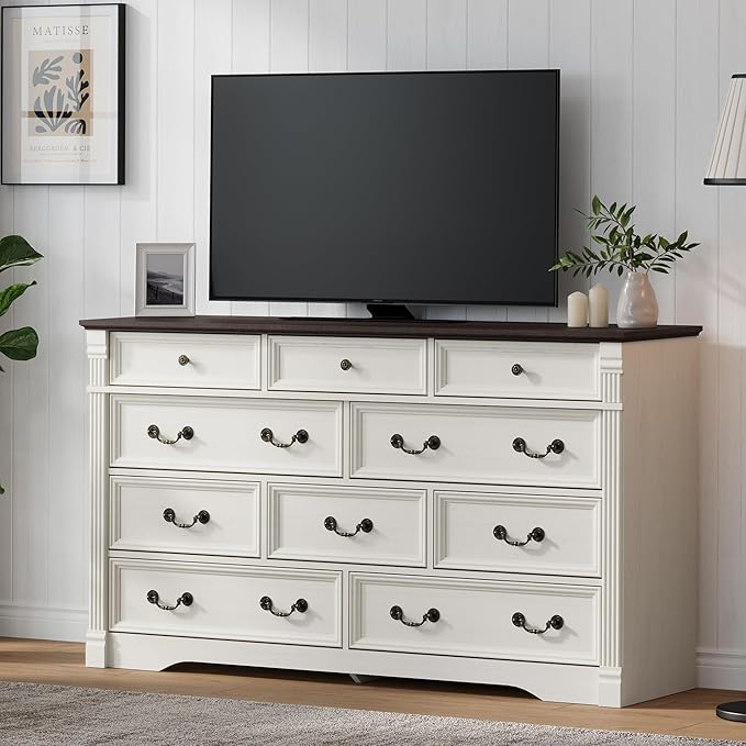 Yaamizz Farmhouse Dresser for Bedroom, 60" Wide 10 Drawer Dresser Storage with Wood Pilasters & Metal Handles, Vintage Design, Drawer Organizer for Bedroom, Hallway, White