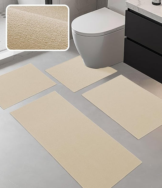 YIHOUSE Bathroom Rug Sets 4 Piece, Ultra Thin Bath Mat Fit Under Door, Quick Dry Absorbent Bath Mat for Bathroom Non Slip Machine Washable Floor Mat (Beige, 4 Piece)