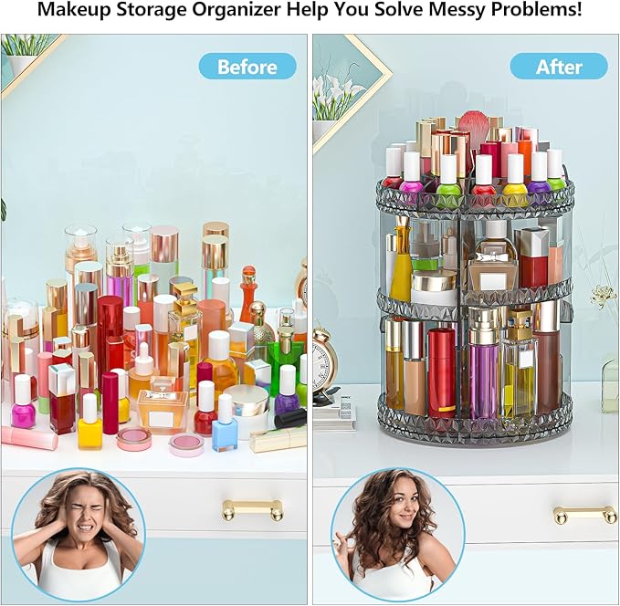 360 Rotating Makeup Organizer, DIY Adjustable Cosmetics Organizer[Patented Product], Professional Acrylic Make Up Caddy Shelf Storage Perfume, Lipsticks, Makeup Brushes or Accessories (Gray)