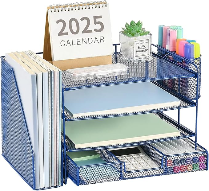 Desk Organizer and Accessories, 4-Tier Desktop File Organizer with Drawer and 2 Pen Holders, Office Desk Accessories for Office Supplies(Dark Blue)
