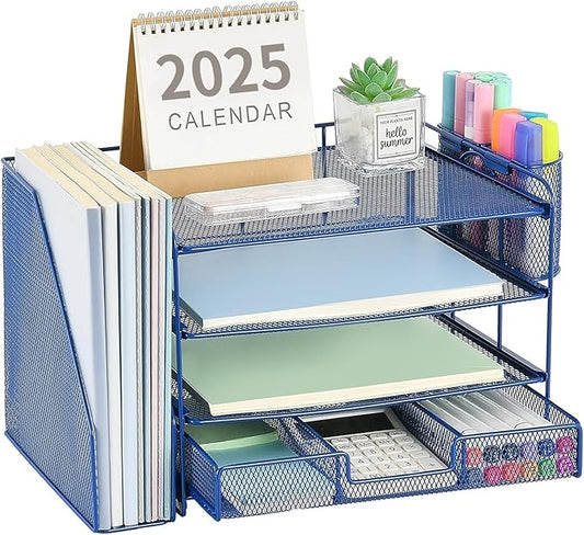 Desk Organizer and Accessories, 4-Tier Desktop File Organizer with Drawer and 2 Pen Holders, Office Desk Accessories for Office Supplies(Dark Blue)