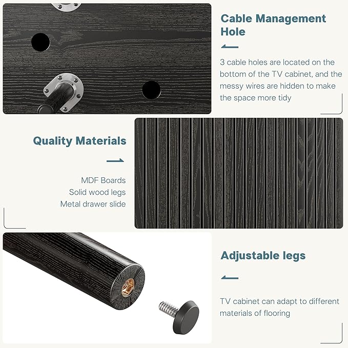 Alohappy 69" Mid Century Modern TV Stand with Charging Station, Farmhouse Curved Edge TV and Media Console Table with Drawer and Shelf, Fluted Entertainment Center for Living Room, Bedroom, Black