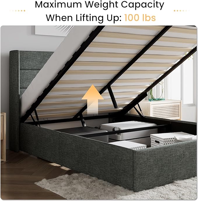 SHA CERLIN Full Size Lift Up Storage Bed/Modern Wingback Headboard/Upholstered Platform Bed Frame/Hydraulic Storage/No Box Spring Needed/Wood Slats Support/Dark Grey
