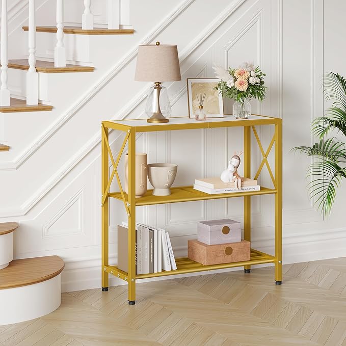 Hoctieon Industrial Console Table, 3 Tier Entryway Table, Metal Frame, Sofa Tables with Shelf, Hallway Desk, Entrance Tables for Entryway, Living Room, Foyer, Hallway, Gold and White