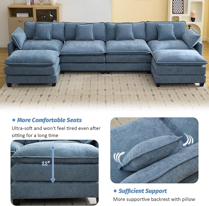 147'' Sectional Cloud Deep Seat Couch, Oversized Chenille U Shaped Sectional Sofa for Living Room Set, Comfy Upholstered Modular Sectional Sofa Couch with 2 Movable Ottoman, Blue