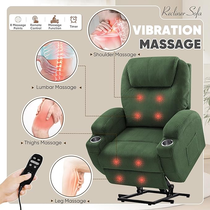 VICTONE Electric Power Lift Recliner Chair for Elderly Reclining Sofa for Living Room with Massage, Side Pockets and Cup Holders (Corduroy, Green)