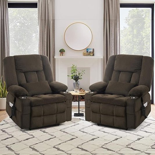 Large Dual Motor Lay Flat Power Lift Massage Recliner Chair Set of 2, Lift Chairs Recliner with Lumbar Pillow, Cup Holder for Elderly with Heat for Living Room - Brown