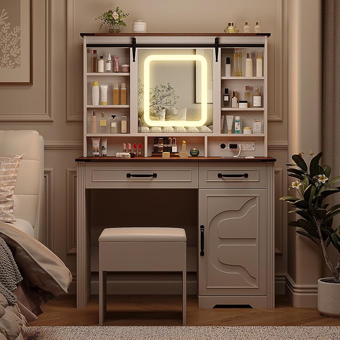 Farmhouse Makeup Vanity Desk with Sliding Mirror and Lights and Charging Station, White Vanity with Shelves and Drawers and Storage Cabinet, Make Up Vanity Desk with Cushioned Stool for Bedroom