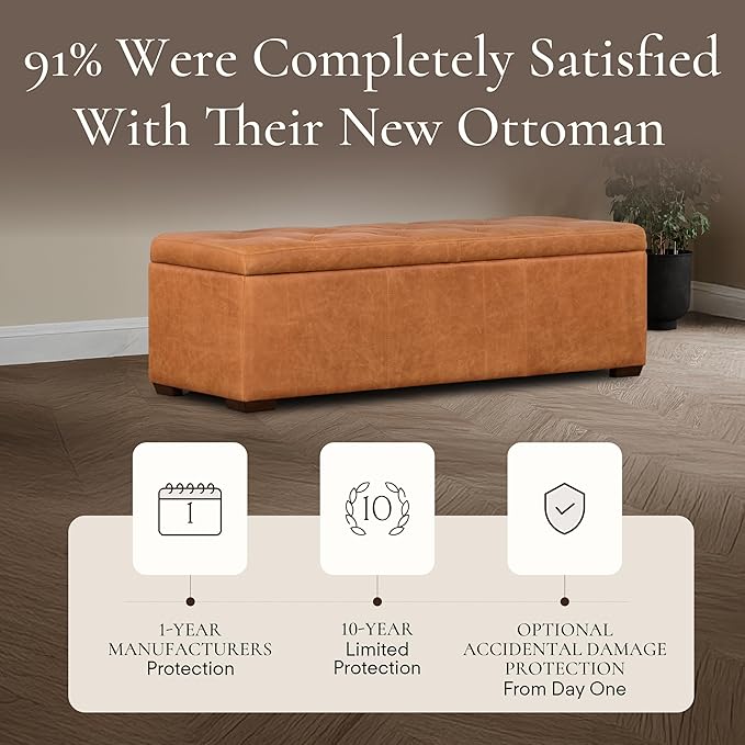 Poly & Bark Senja Storage Ottoman – 52" Large with Feather-Down Topper – Full-Grain Leather Upholstered Ottoman Box – Bench or Bedroom Storage – Vintage Italian Leather in Cognac Tan