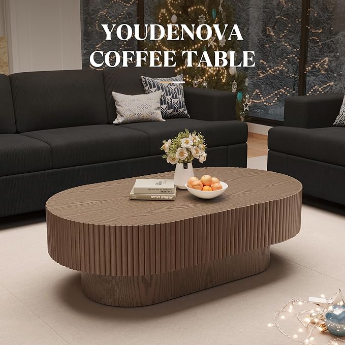43.7” Oval Coffee Table, Modern Wood Fluted Coffee Table for Living Room, Veneer Handcrafted Relief Center Table with Sturdy Pedestal，Easy Assembly - Walnut