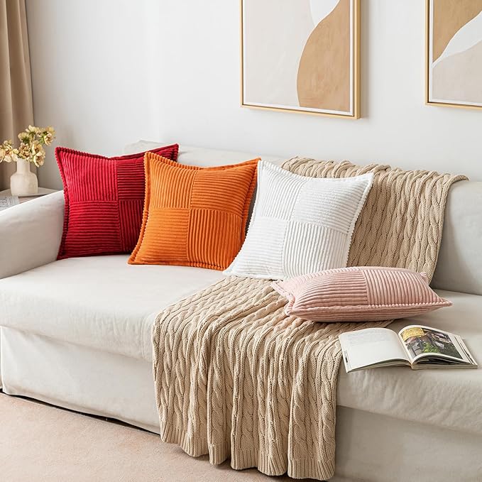 MIULEE Christmas Decorative Lumbar Throw Pillow Covers for Couch Bed Livingroom 12x20 Inch Set of 2 Red Boho Accent Throw Pllows Broadside Striped Patchwork Soft Corduroy Pillowcases