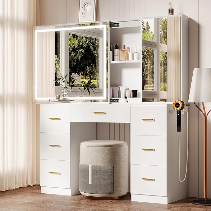 Vanity Desk with Lighted Mirror and Charging Station&Glass Tabletop, Sliding Mirror Makeup Vanity Table, Dressing Table with Hidden Storage Cabinet, Brightness Adjustable(Glass Tabletop-No Stool)