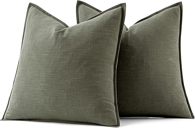 MIULEE Decorative Linen Pillow Covers 24x24 Inch Olive Green Boho Farmhouse Neutral Couch Throw Pillows for Bed Pack of 2 Accent Outdoor Pillowcase Modern Sofa Cushion Livingroom Home Decor